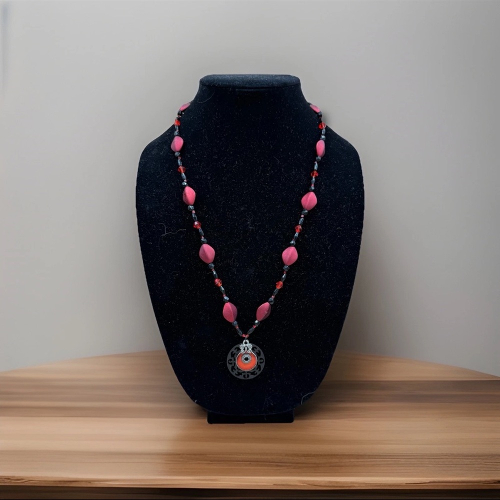 Victorian Vintage Inspired Beaded Necklace With Metal & Red Stone Pendant